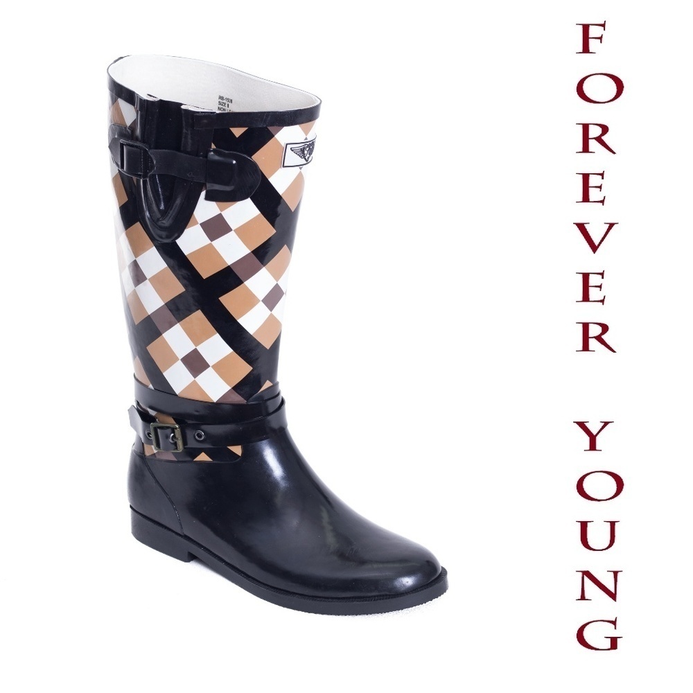 Women Tall Rain Boots, RB-1538, Brown / White Waterproof Rubber Rainboots